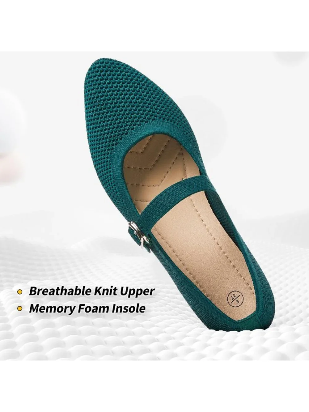 Women's Green Knit Mesh Ballet Flat Foldable With Buckle Strap Comfortable Shoes